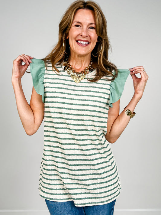 Jacquard Striped Sleeveless Top Ruffle Shoulder