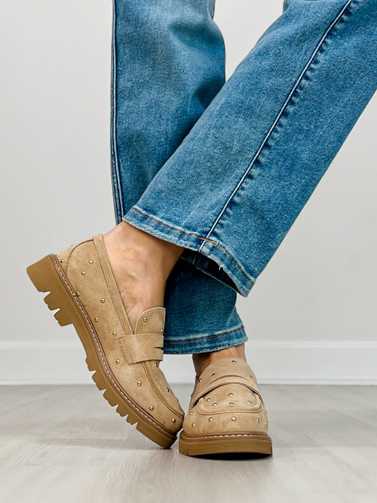 Corkys Stud Muffin Loafers in SAND FAUX SUEDE