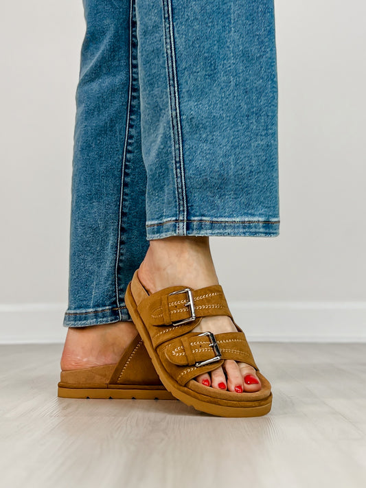 Corkys Smitten Double Buckle Sandals in TOBACCO FAUX SUEDE