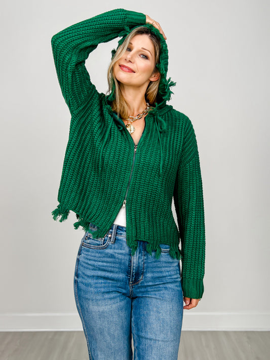 Zipper Front Hooded Knit Sweater Top