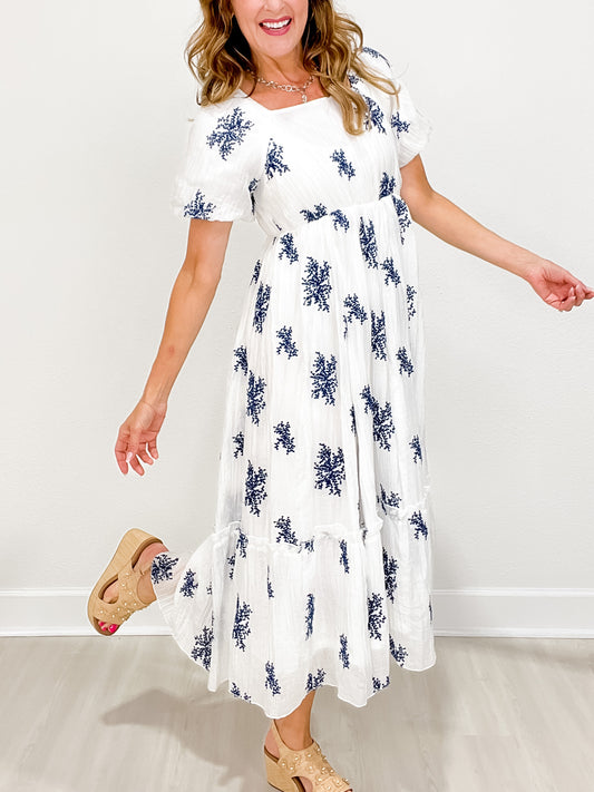 Embroidered Short Sleeve Maxi Dress with Square Neckline