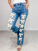 Ribbon Detail Stretchy Flared Jeans with Front Hem Slits