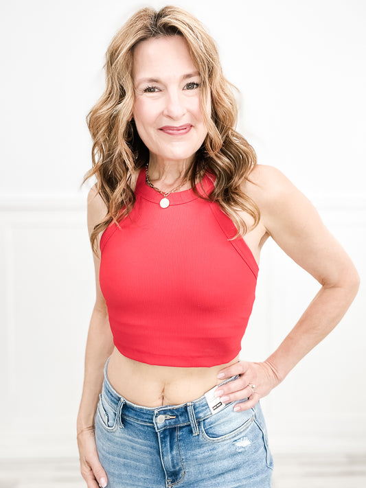 Nylon Rib Cropped Halter Tank Top - Group A