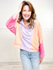 Solid Knit Color Block Top with Collared Neckline and Hi-Lo Hem