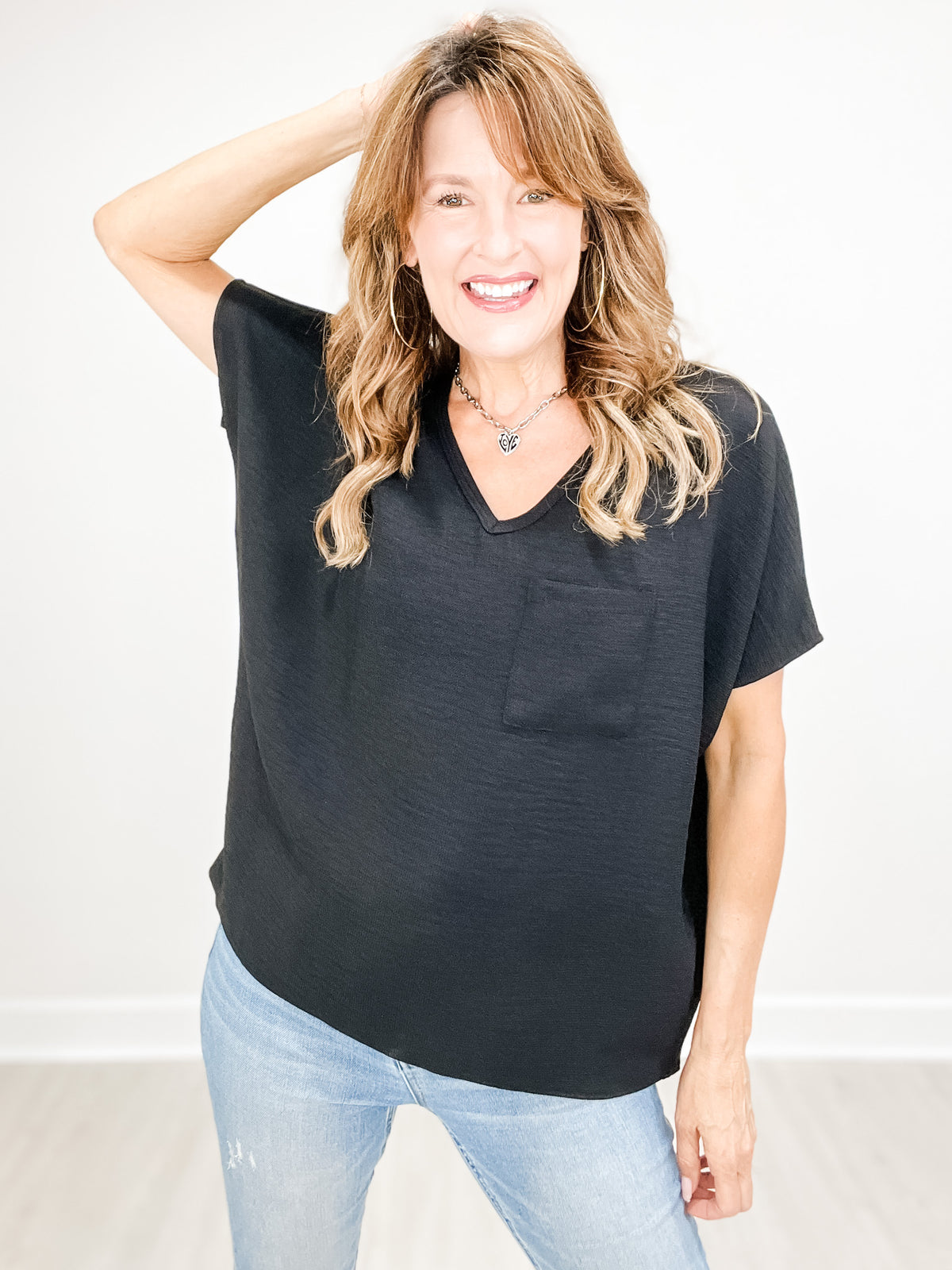 Short Sleeve V-Neck Waffle Ruffle Air Flow Top