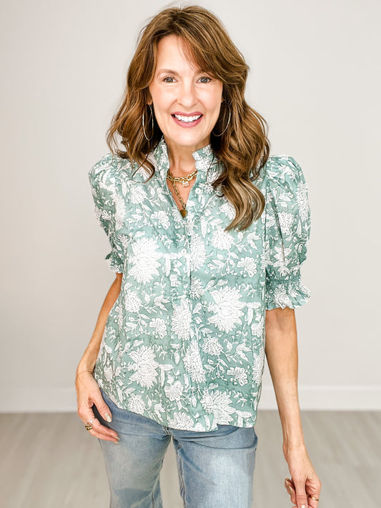 Short Puff Sleeve Floral Top with Collared Neckline