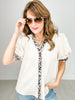 Short Puff Sleeve Button Down Top with Leopard Accents