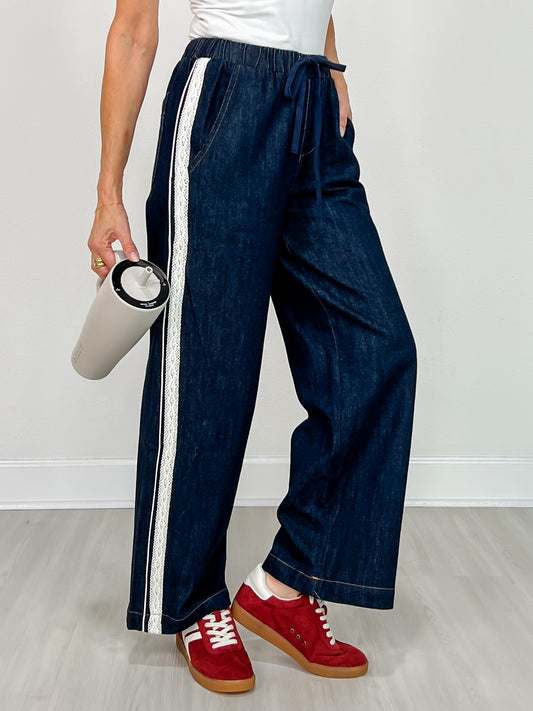 Wide Leg Pants With Side Lace Trim And Piping