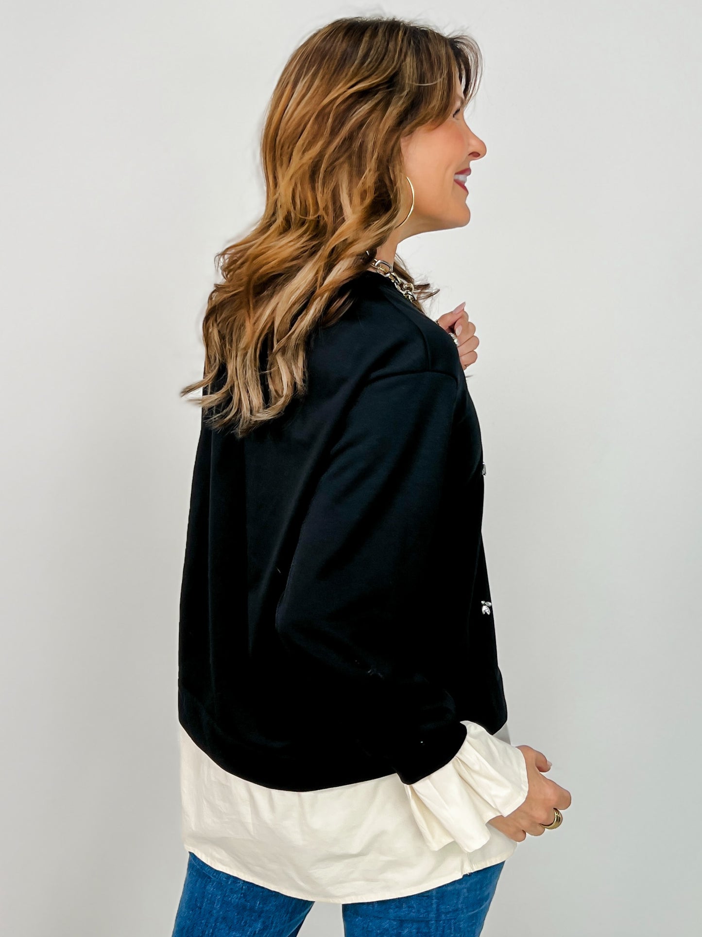 Long Sleeve Top with Rhinestones & Faux Top Under
