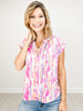 Printed Short Sleeve V-Neck Top with Shirring Neckline