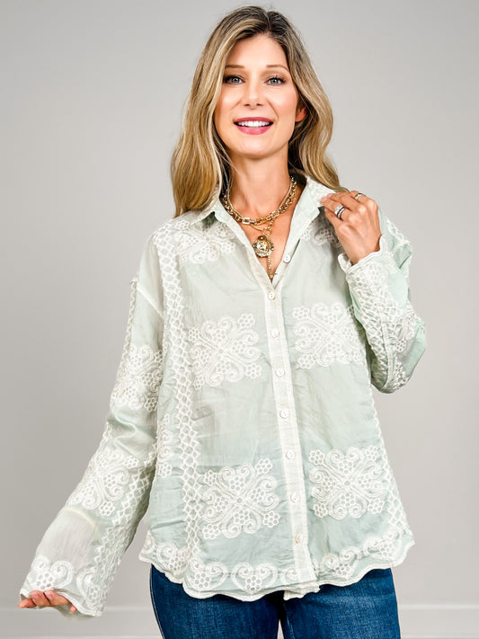Long Sleeve Embroidery Edge Point Button Down Collared Top