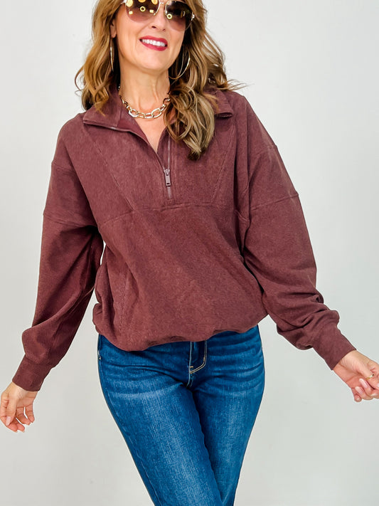 Brushed Rib Quarter Zip Pullover in Dark Cherry