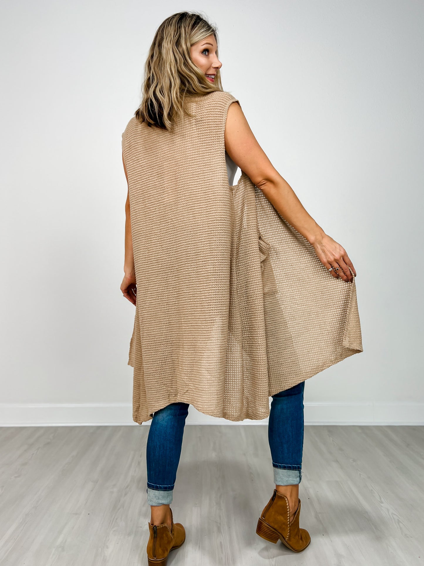 Open Front Crochet Midi Vest in MOCHA