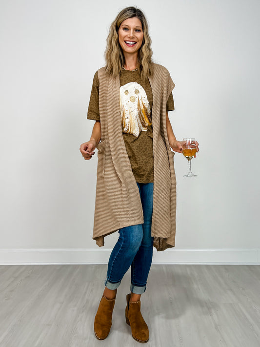 Open Front Crochet Midi Vest in MOCHA