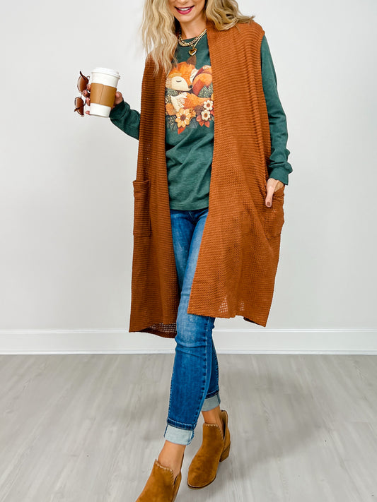 Open Front Crochet Midi Vest in CHESTNUT