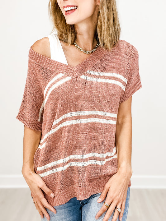 Striped V-Neck Cap Sleeve Oversized Fit Sweater