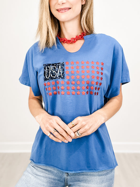 USA Flag Glitter Stars Short Sleeve Top