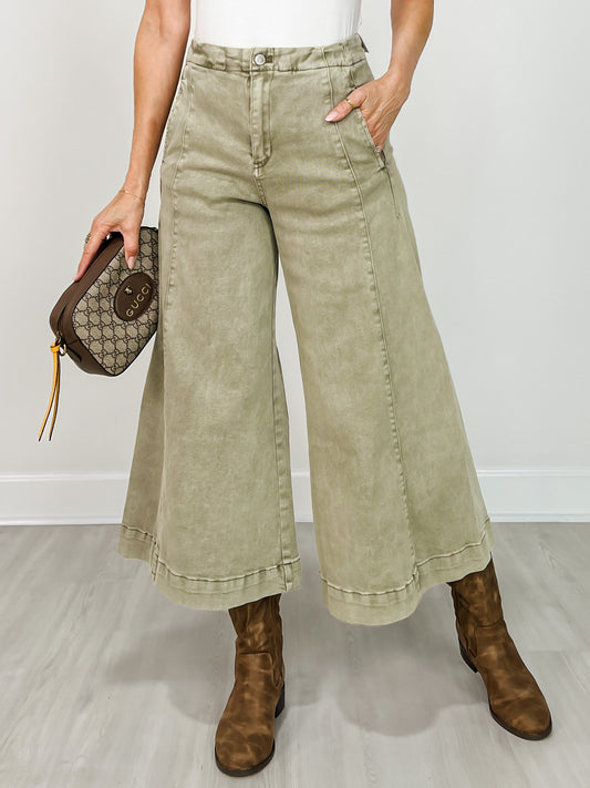 High Rise Cropped Gaucho Denim in Light Olive