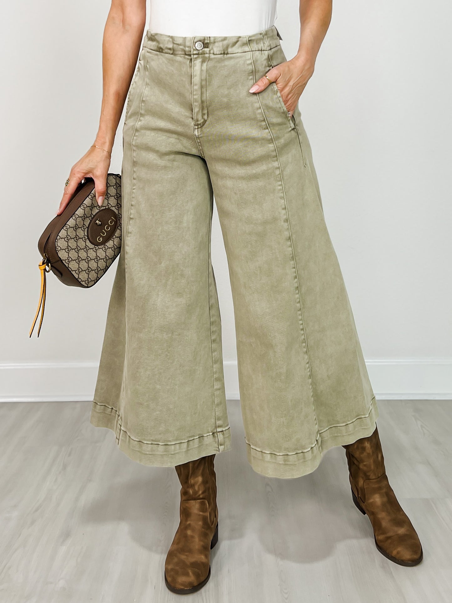 High Rise Cropped Gaucho Denim in Light Olive