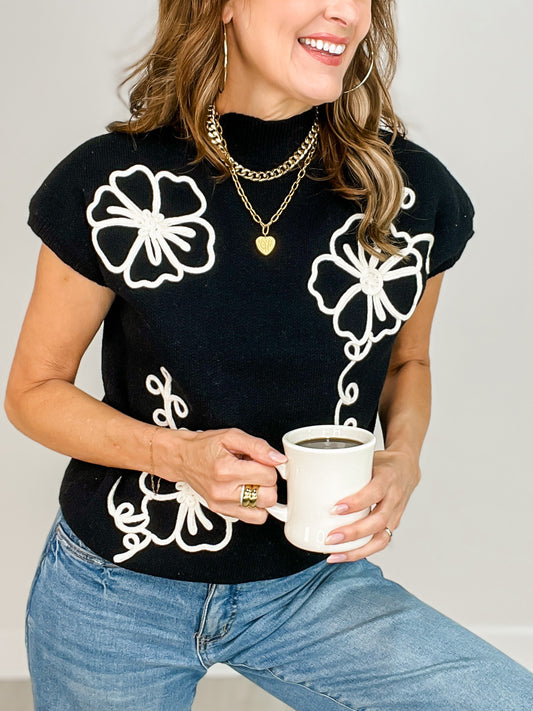 Sleeveless Mock Neck Contrast Floral Trim Knit Sweater