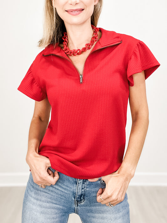 Quarter Zip Top with Collar and Flutter Sleeves