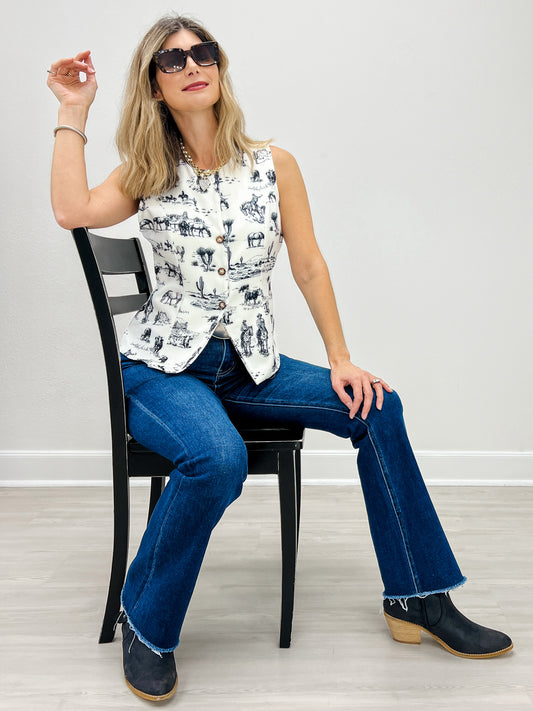 Western Life Print Button Down Woven Vest