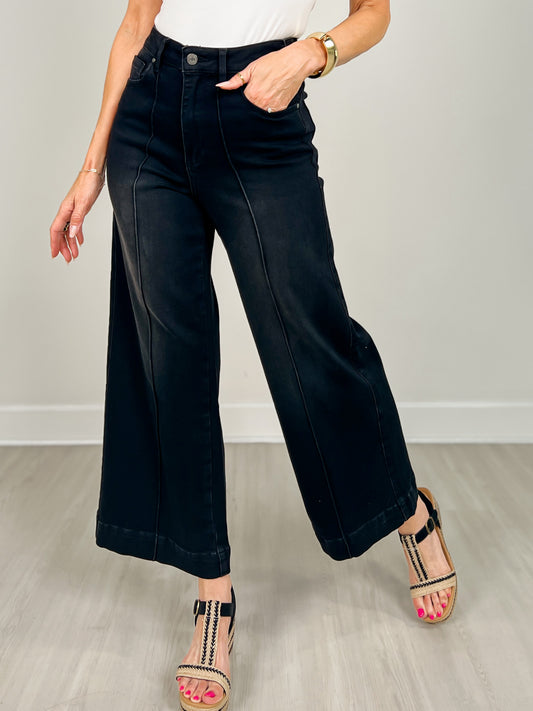 Stretch High Rise Pin Tuck Detail Wide Leg Jean