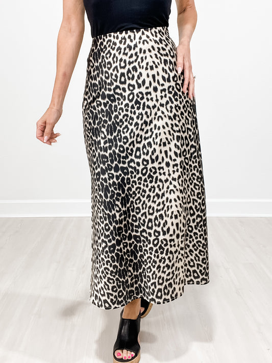 Leopard Print Long Length Skirt with Side Zipper