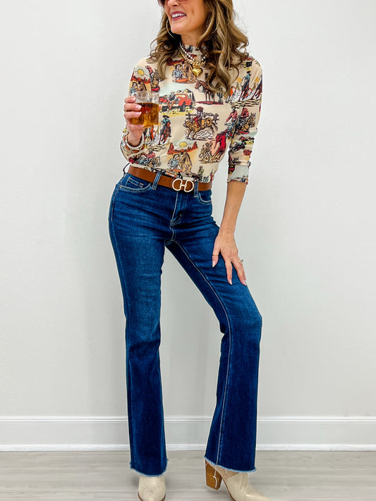 Vintage Western Print Semi Sheer Mesh Top