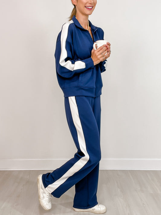 Modal Scuba Striping Zip-Up Jacket with Matching Pants in NAVY/CREAM