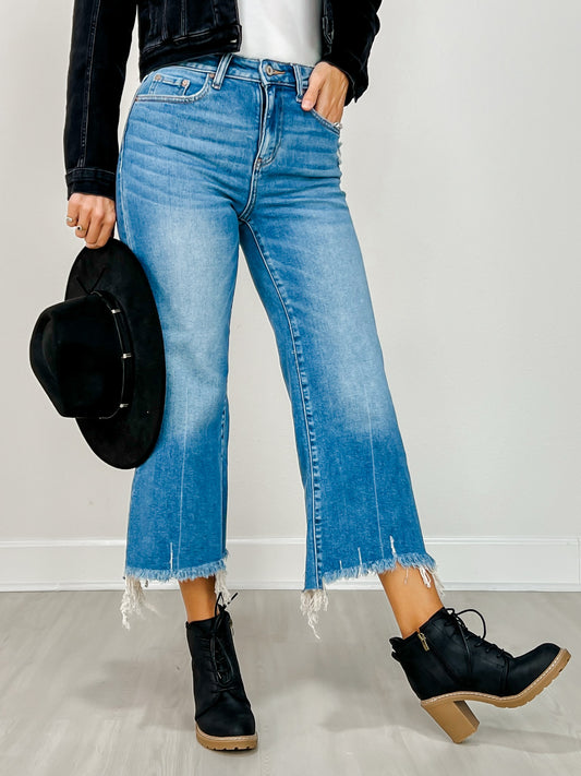 Mid Rise Straight Raw Hem Denim Pants