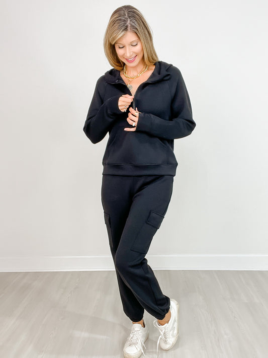 Scuba Quarter Zip Hoodie Jacket with Matching Pants in BLACK