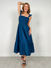 Dark Denim Ruffle Strap Smocked Midi Dress