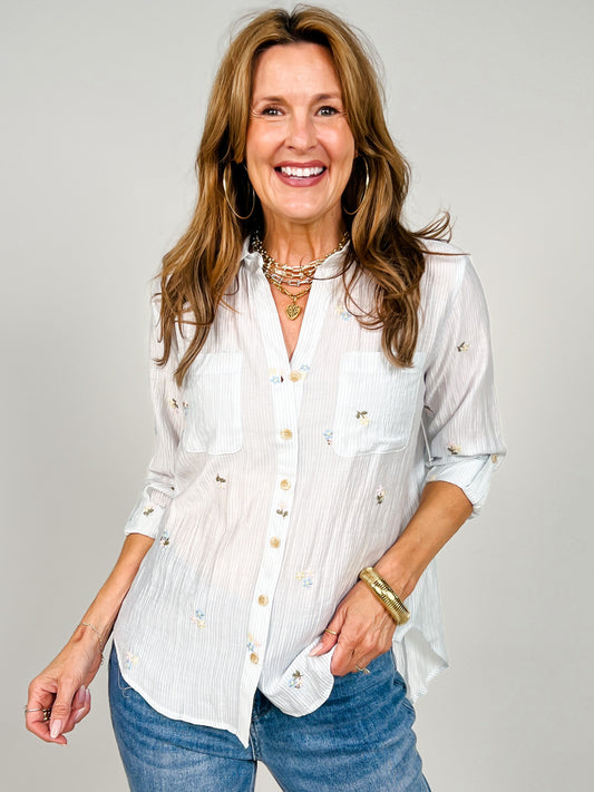 Striped Floral Embroidery Long Sleeve Top