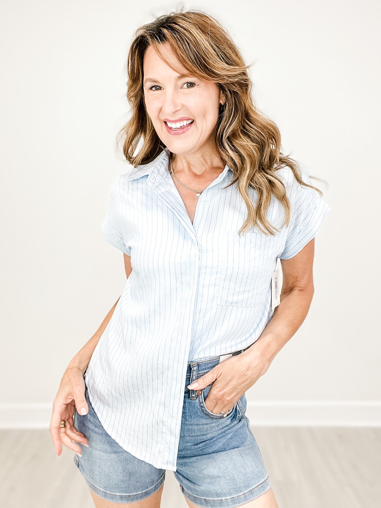Pinstripe Button-Up Short Sleeve Collared Top