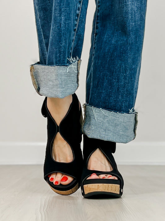 Corkys Frisky Wedge Sandals in BLACK FAUX SUEDE