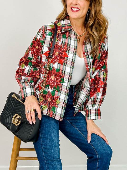 Queen of Sparkles Plaid Button Up Poinsettia Top
