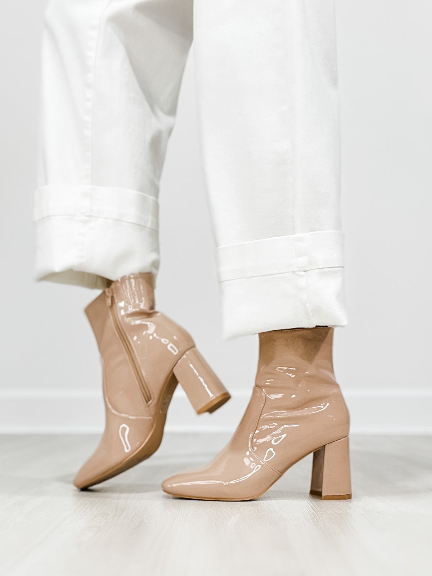 Beast Fashion KETSBY Patent Block Heel Ankle Boots in Nude