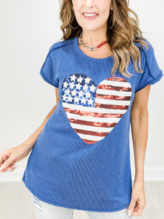 Urban Ribbed Short Sleeve Top with American Flag Heart Sequins Patch