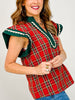 Plaid Scallop Trim Accent Flutter Sleeve Top
