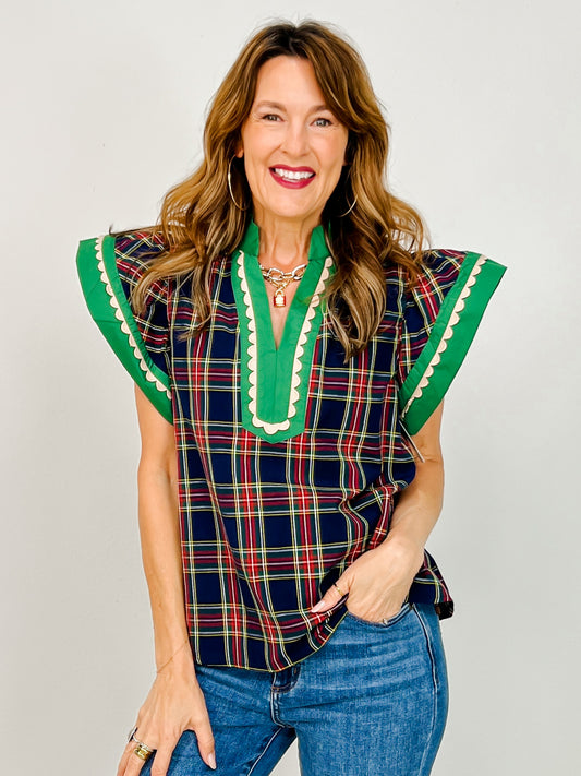 Plaid Scallop Trim Accent Flutter Sleeve Top