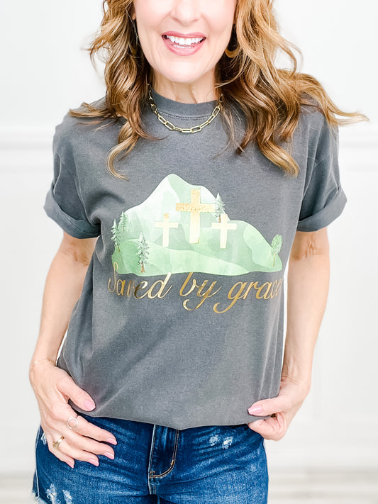 Saved By Grace Gold Foil Graphic Tee