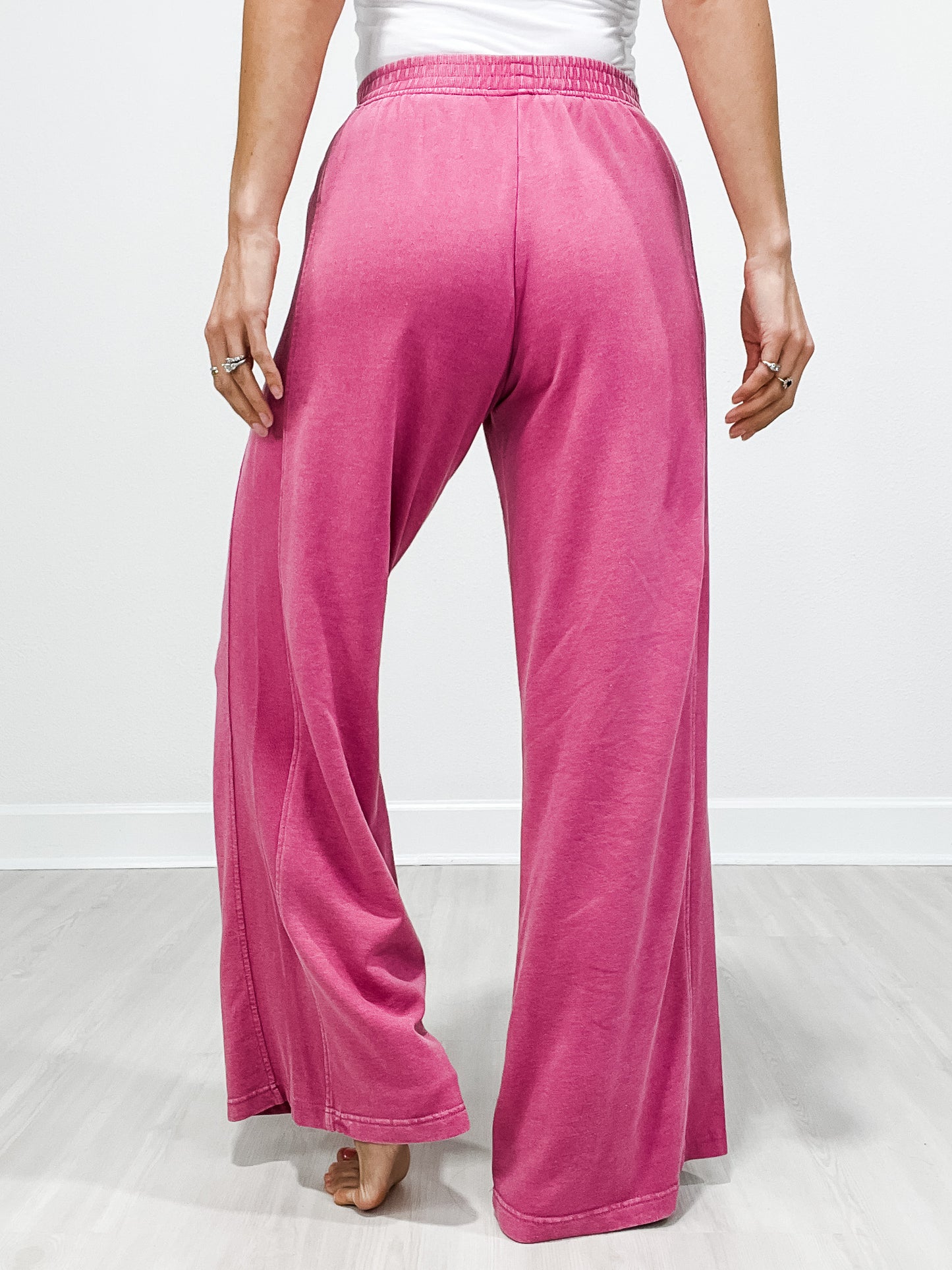 Elastic Waist Mineral Wash Wide Leg Pants with Side Pockets