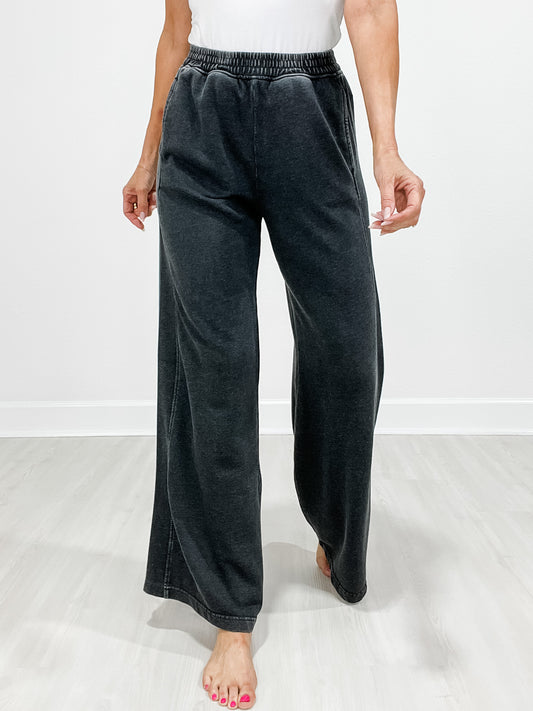 Elastic Waist Mineral Wash Wide Leg Pants with Side Pockets