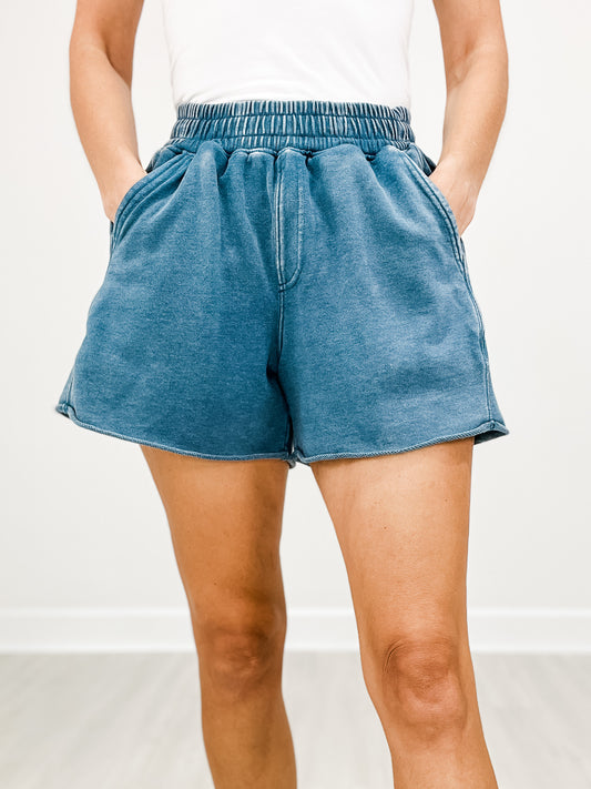 Elastic Waist Mineral Wash Terry Shorts with Side Pockets