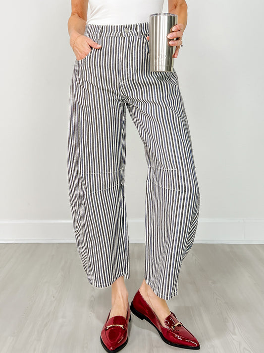 Mineral Wash Striped Barrel Leg Jeans