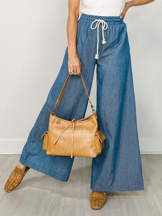 Washed Pinstriped Tie Waist Wide Leg Pants
