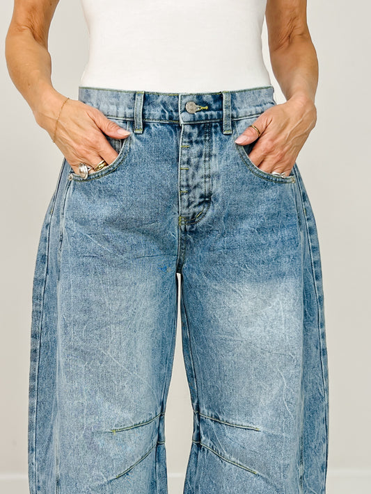 Football Patch Back Pockets Barrel Jeans
