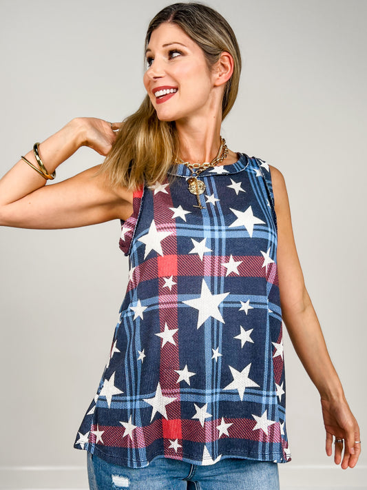 Sleeveless Red White Blue Top with Stars