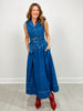 Collared Sleeveless Denim Maxi Dress with Belted Waist